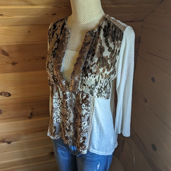 Anthropologie TINY Cream Silk Blend Top w/ Brown Velvet and Sequin Embellishment - Picture 1 of 15